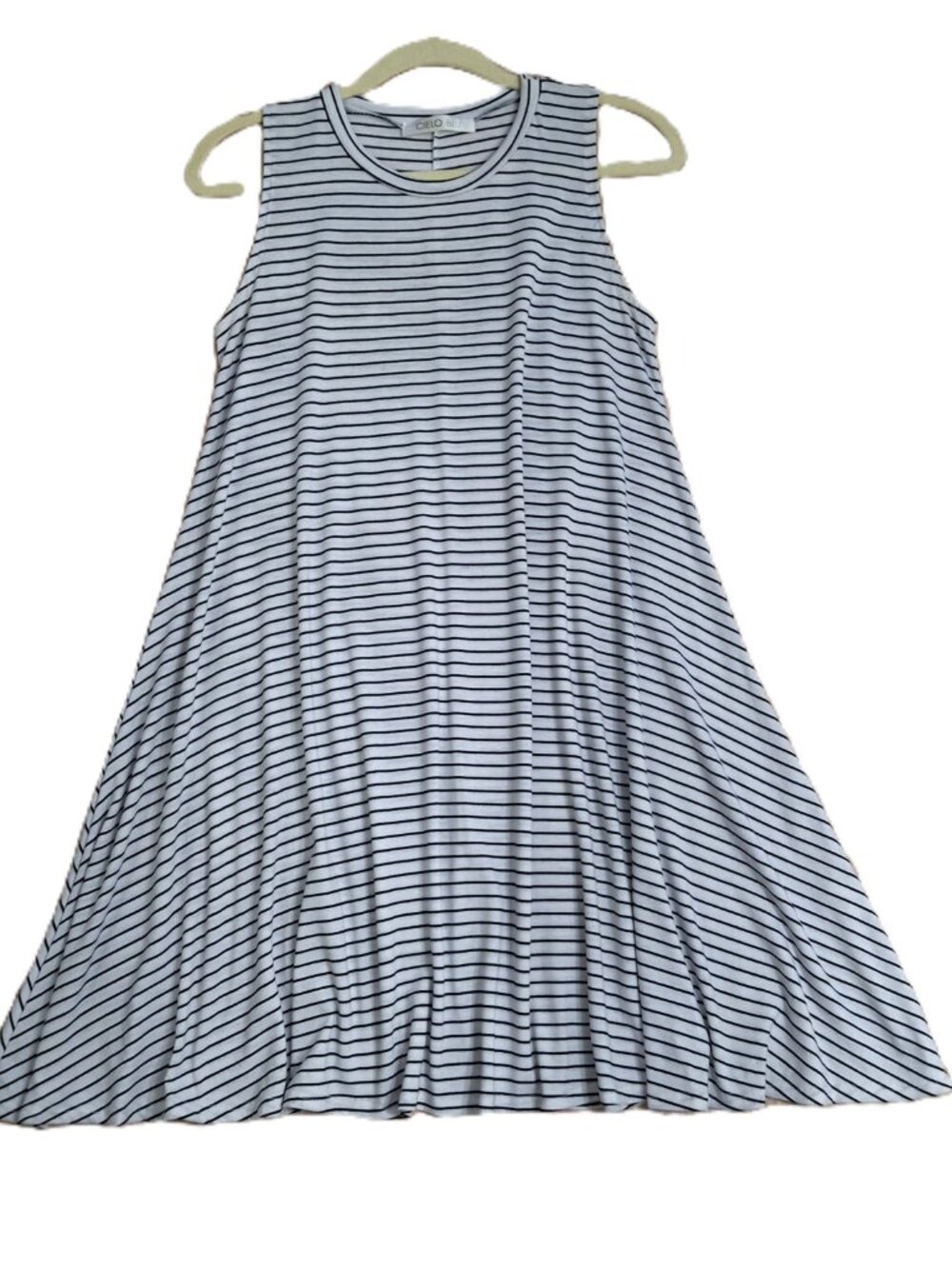 Cleo Blu Sz M A-Line Striped Swing Dress Round Neck Sleeveless Stretch Jersey